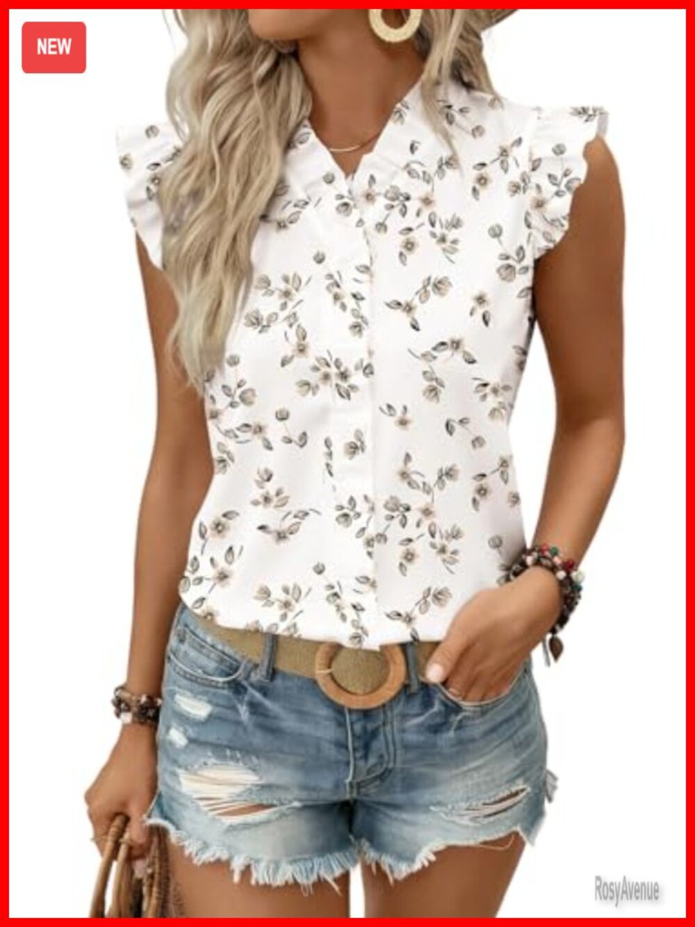 Women's Floral Chiffon Ruffle Sleeve Blouse V-Neck Bohemian Summer Tank Top